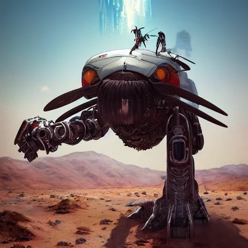 Image similar to giant horsefly robot monster attacking a silver school bus in the desert, ultra detailed, 8 k, greg rutkowski, artgerm, trending on artstation, award - winning art,