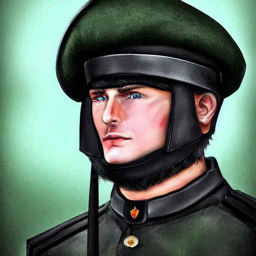 Image similar to russian warrior in a black uniform with a green beret digital art, 8 k, character, realism, anime, portrait