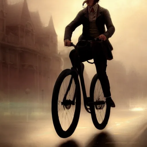 Image similar to cinematic shot epic portrait david tennant riding a bicycle in the streets, atmospheric, cloudy, broad light, ambient occlusion, volumetric light effect, made by ivan aivazovsky, peter mohrbacher, greg rutkowski, ross tran, matte painting, trending on artstation, 4 k, perfectly defined features, digital painting, cinematic, epic, highly detailed,