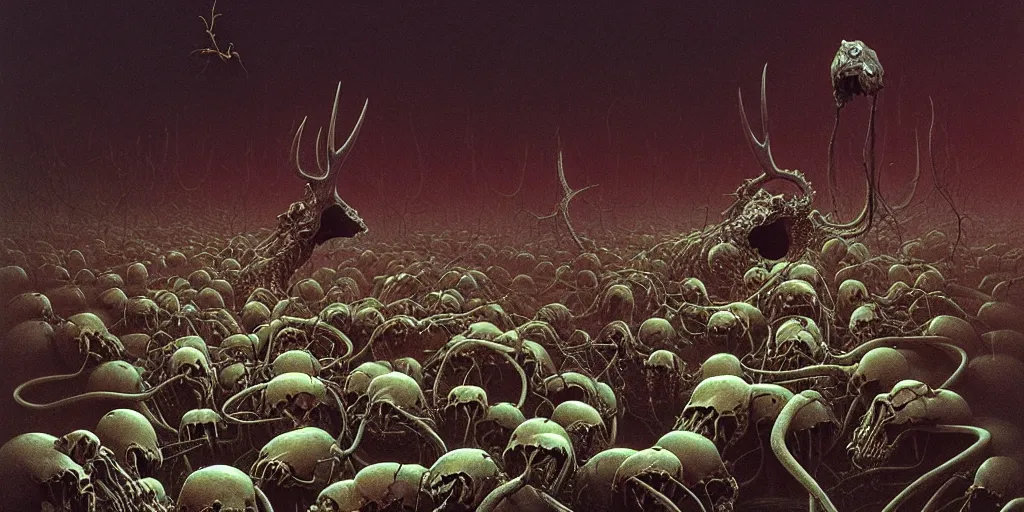 Prompt: horde of ants crawling through the cavities of a large moose skull, Zdzislaw Beksinski, Wayne Barlowe, gothic, cosmic horror, worm's-eye view, dystopian, biomorphic, lovecraftian, amazing details, warm hue's