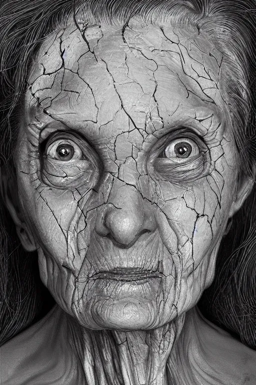 Image similar to portrait of a old woman with cracked reaction diffusion skin. high detail, by Eddie Mendoza