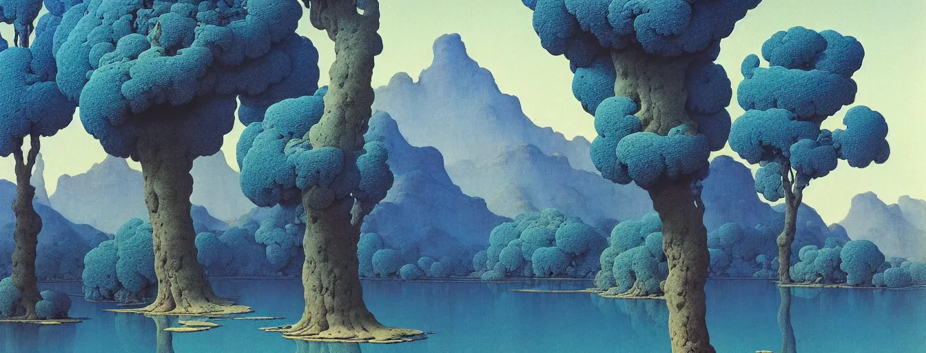 Image similar to a gorgeous very early spring blue desert painting by barlowe wayne maxfield parrish and marco mazzoni. tree no leaf!!!! china mountain village!! grey blue and very little light verdancy. ultra clear detailed. 3 d, octane render. turbulent blood lake.