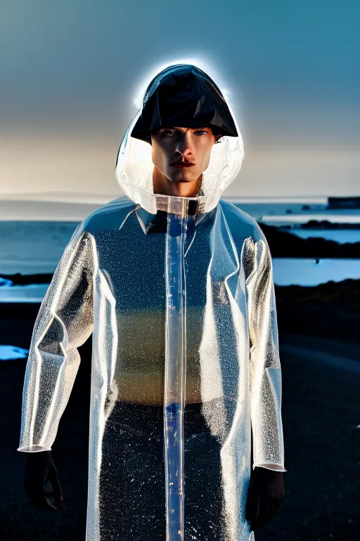 Image similar to an ultra high definition professional high fashion portrait studio full length photograph of a male model wearing a transparent pearlescent raincoat and neon visor in an icelandic black rock environment at dawn. no artefacts. extremely detailed. stark. refraction. shallow depth of field. volumetric light and shadow. ray tracing. light rays.