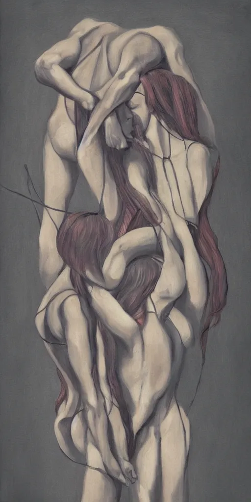 Prompt: shibari, abstract human bodies in a loving embrace, surrealism