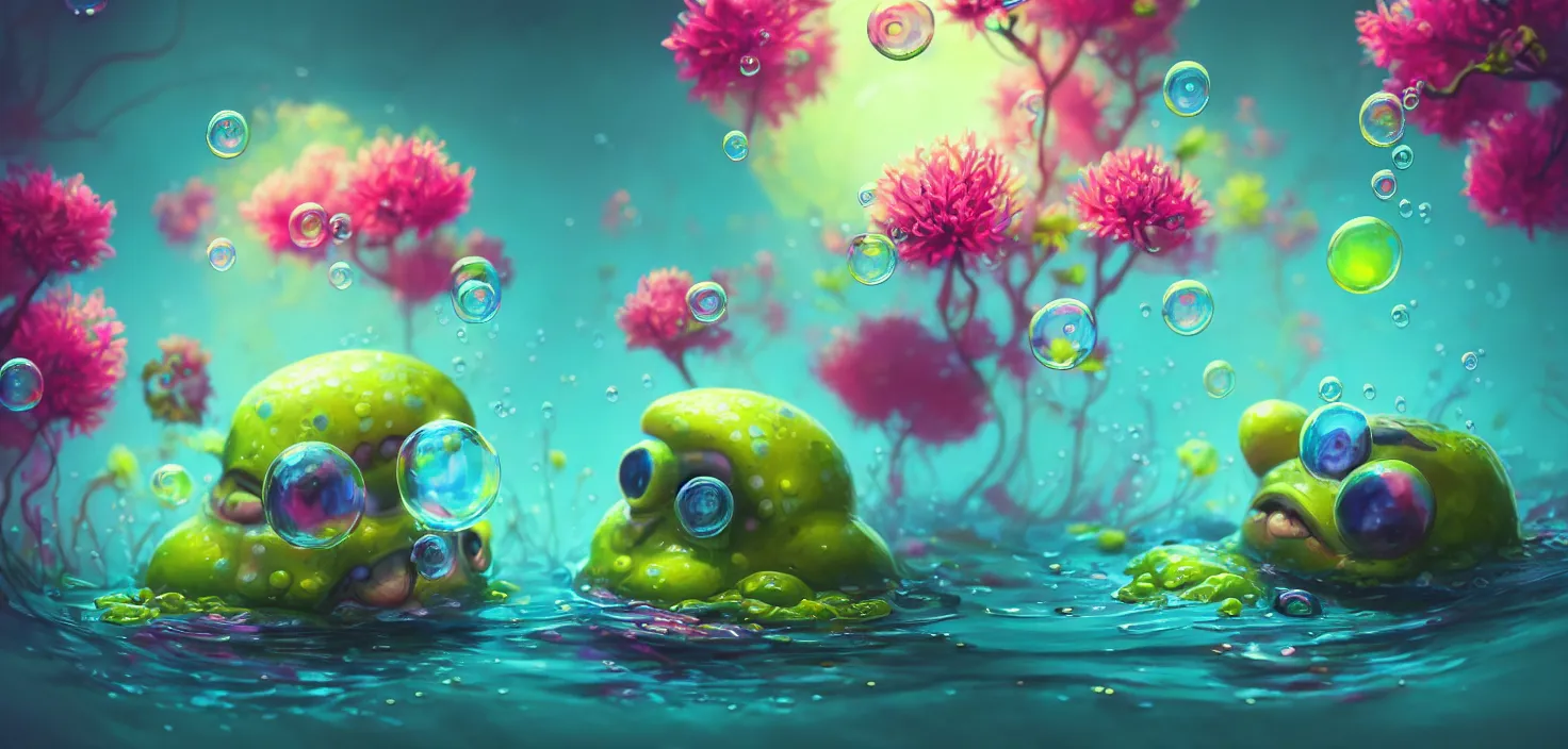 Prompt: colourful murky nature with cute bubble funny face appearing from the flowers in water, in the style of craola, shallow depth of field, highly detailed, digital painting, trending artstation, concept art, illustration, cinematic lighting, vibrant colors, photorealism, epic, octane render