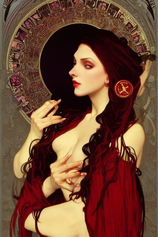 Image similar to female occultist, sweeping wild blonde hair, red eyes, portrait, high cheekbones, smug, evil, Victorian, black velvet dress, dark colors, ruby jewelry, fantasy painting, trending in Artstation, GSociety, by Alphonse Mucha, Brom, William-Adolphe Bouguereau