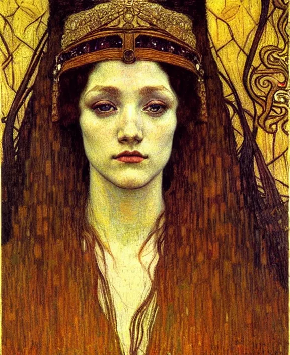 Image similar to detailed realistic beautiful young medieval queen face portrait by jean delville, gustav klimt and vincent van gogh, art nouveau, symbolist, visionary, gothic, pre - raphaelite, muted earthy colors, desaturated