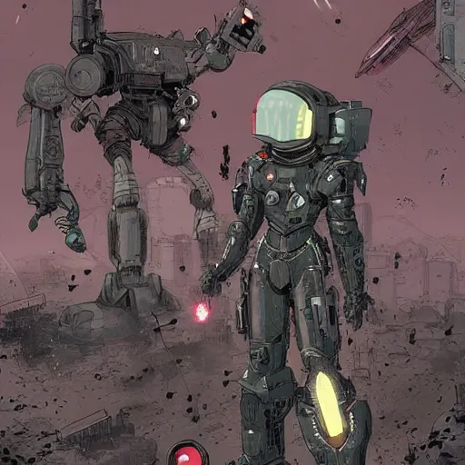 Image similar to space battle, industrial scifi, cyberpunk, in the style of Ashley Wood and Moebius