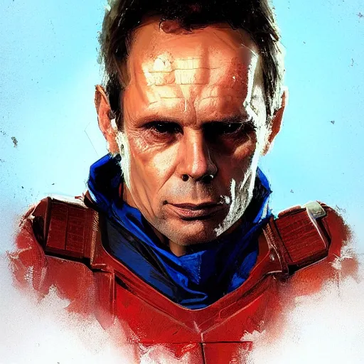 Image similar to portrait of superhero by greg rutkowski, michael biehn wearing a blue and red kevlar gear, highly detailed portrait, digital painting, artstation, concept art, smooth, sharp foccus ilustration, artstation hq