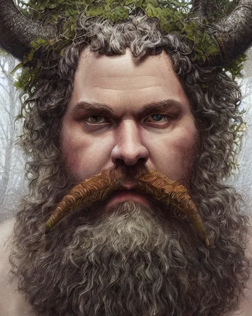 Image similar to patrick rothfuss as a forest druid with ram horns and leaves in his beard | highly detailed | very intricate | symmetrical | cinematic lighting | award - winning | closeup portrait | painted by donato giancola and mandy jurgens and brian froud | featured on artstation