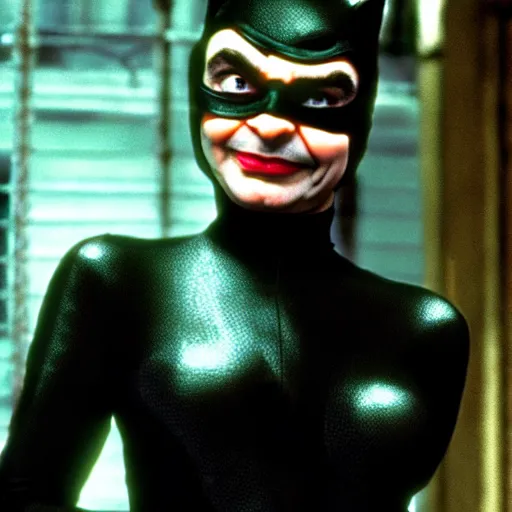 Prompt: mr. bean as catwoman from the batman movie. movie still. cinematic lighting.