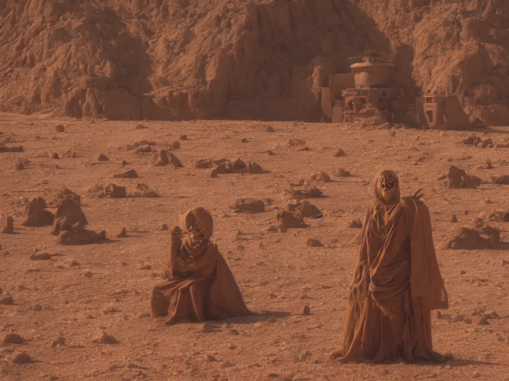 Image similar to glowing bene gesserit in full - face golden mask in a dry rocky desert landscape with abandoned city beneath the sand and giant alien spaceship in the sky by christopher doyle and alejandro jodorowsky, anamorphic lens, kodakchrome, cinematic composition, very detailed photo, 8 k,