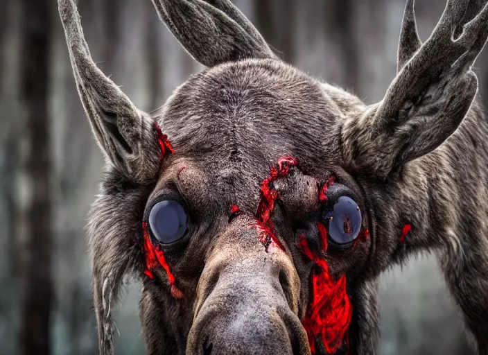 Prompt: an award winning photo of an! undead!!! zombie!! moose with red eyes, full body portrait, decay, mold, evening!! in the forest, 4 k, wildlife photography, high quality, national geographic