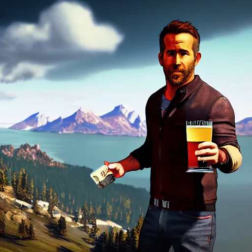 Prompt: Ryan Reynolds at the top of a mountain, scenic view, holding a beer!!, digital art, gta 5 cover art, trending on artstation