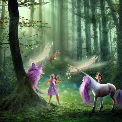 Image similar to photo of fairies and unicorns in a a heavenly forest