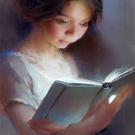 Image similar to young girl reading a book, highly detailed, digital painting, artstation, concept art, art by Daniel F. Gerhartz