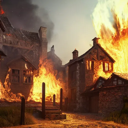 Image similar to medieval village burning down from meteor debris, award winning, trending on artstation, unreal engine, fantasy art, octane render, hyperrealistic