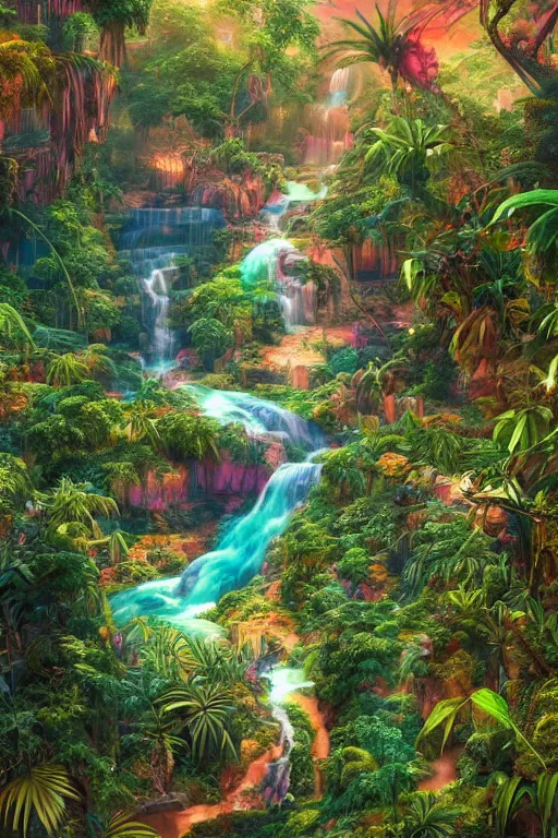 Image similar to aerial view of a colorful jungle with rivers and waterfalls, by artgerm, tom bagshaw, gerald brom, vaporwave colors, lo - fi colors, vaporwave, lo - fi, moody vibe, goth vibe, full body, rendered by substance designer,