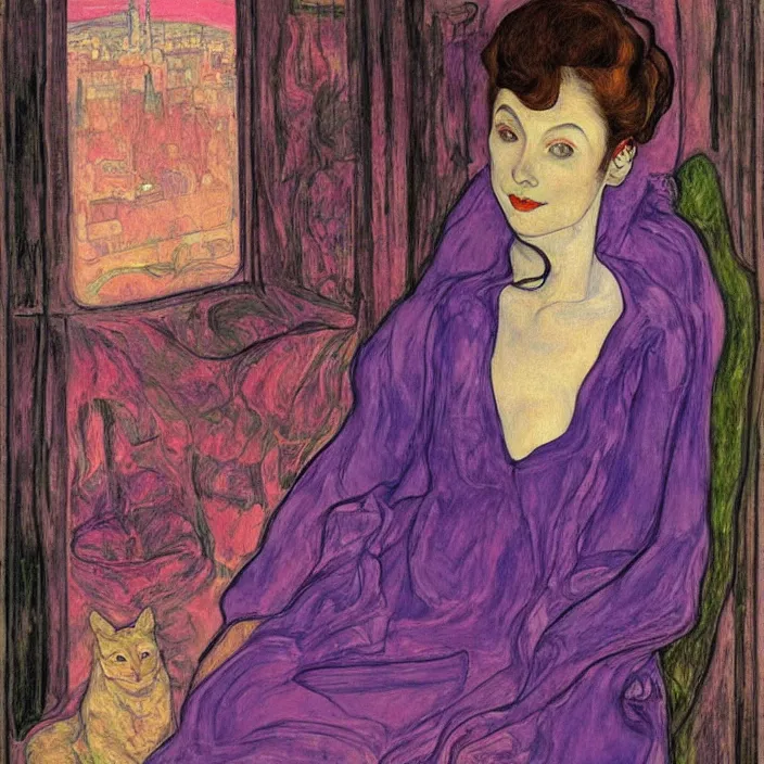 Prompt: close portrait of woman in transparent vaporous night gown with cat and iris, with city with gothic cathedral seen from a window frame with curtains. sun through the clouds, vivid iridescent psychedelic colors. munch, egon schiele, henri de toulouse - lautrec, utamaro, monet