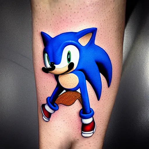 Prompt: sonic art piece from best tattoo artist, realistic color by, on mat paper, winning, alltime favorite, instagram