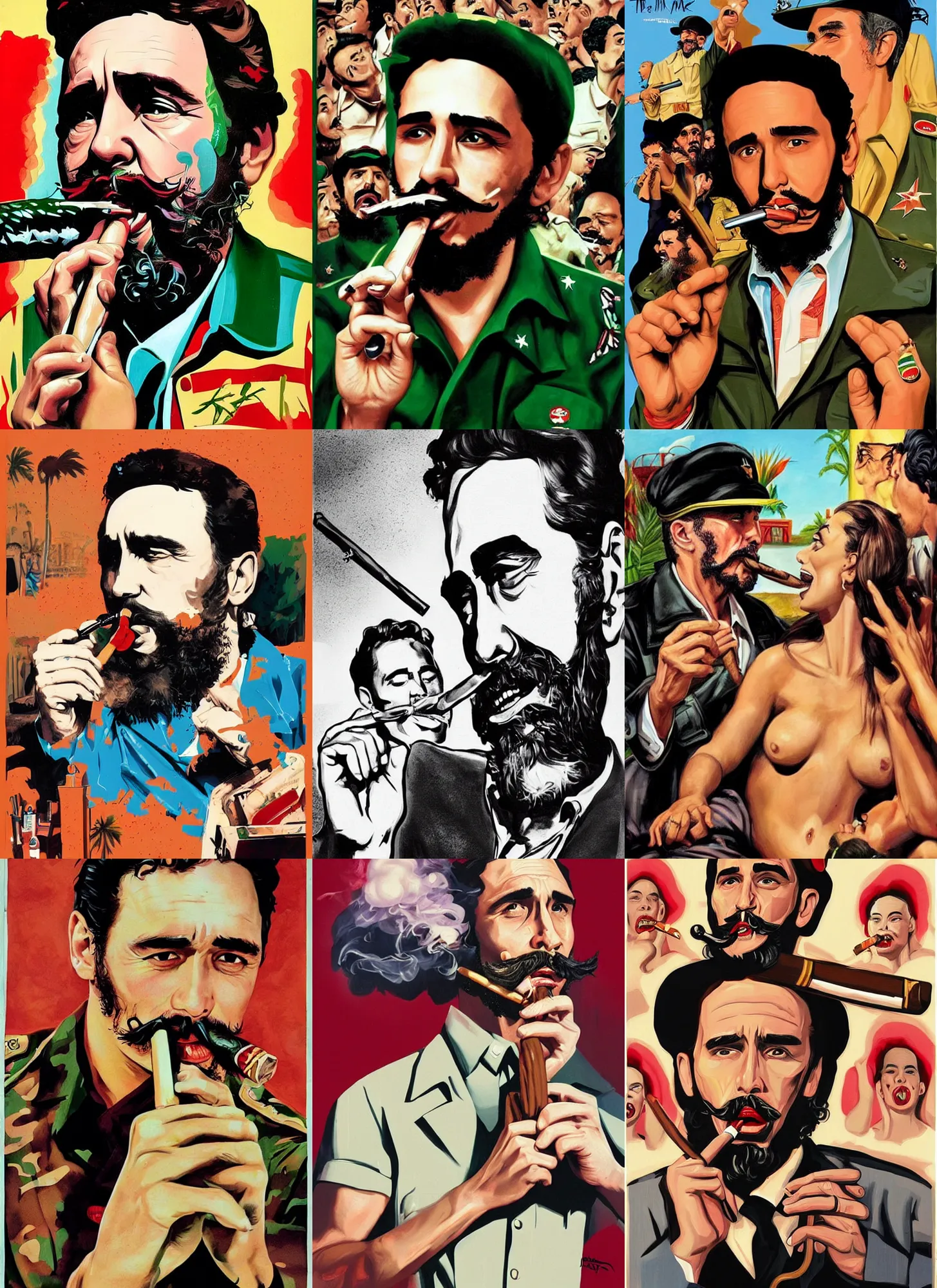 Prompt: the actor james franco portraying the cuban dictator fidel castro smoking a large cigar, surrounded beautiful babes. lowbrow pop surrealism aesthetic, contemporary art illustration, mad magazine illustration, tom richmond illustration, mort drucker illustration