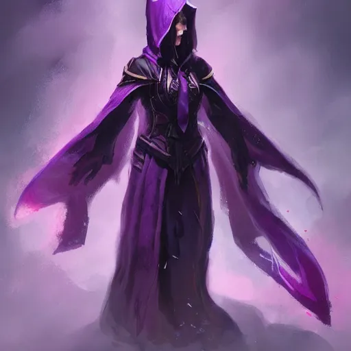 Prompt: female warlock long hood cloak purple, fighting monster with magic, 8 k, trending on artstation by tooth wu and greg rutkowski