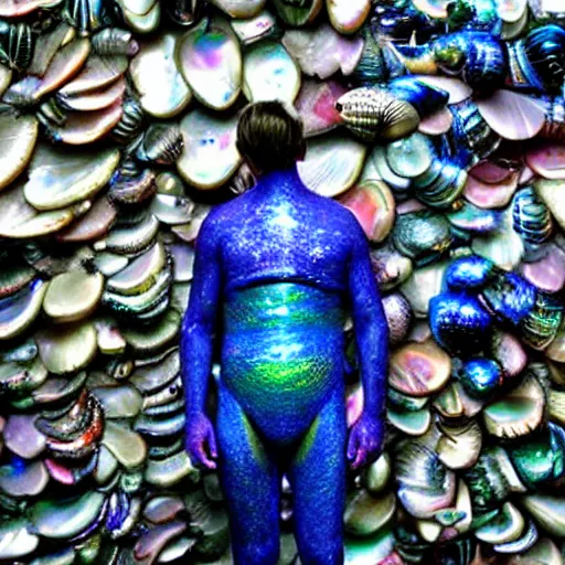 Image similar to a human standing in his garage, covered with iridescent bodypaint, shells and barnacles, 2 0 0 7 motorola cell phone pic