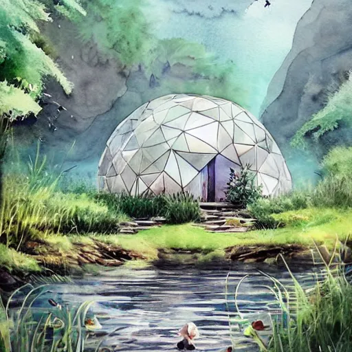 Prompt: beautiful happy picturesque charming sci - fi organic dome - like homes in a beautiful natural scene. water, trees and rocks. beautiful light. soft colour scheme. beautiful artistic detailed watercolor by lurid. ( 2 0 2 2 )