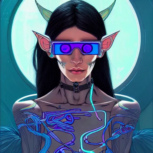 Prompt: portrait painting of a cyberpunk trans elf girl with beautiful flowing black hair and eyes, sharp focus, award - winning, trending on artstation, masterpiece, highly detailed, intricate. art by josan gonzales and moebius and deathburger