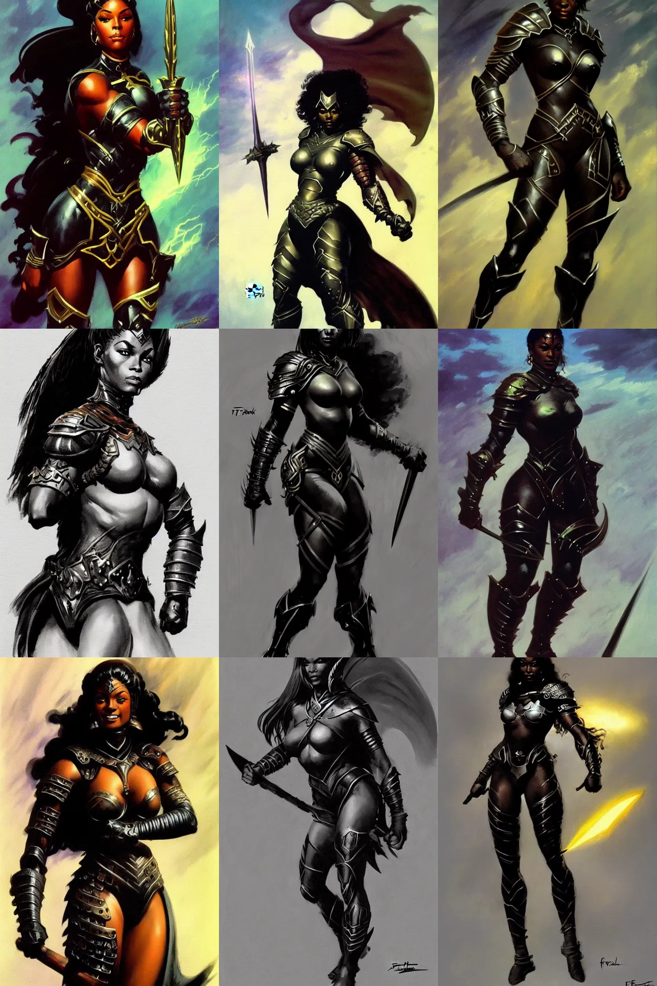 Prompt: high fantasy black female wearing spandex armour portrait by Frank frazetta full body profile, trending on artstation, dramatic lightning