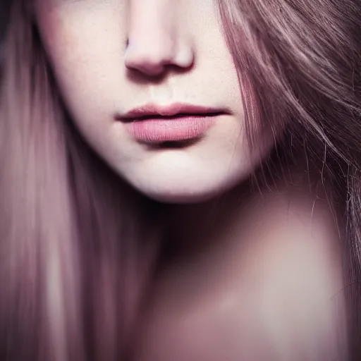 Image similar to Close-up portrait photo of a pretty girl with light brown hair , Low-key lighting, dramatic ,faded colors, pastel colors, Low-key light, flash studio, volumetric light, in the style of Lindsay Adler ,dark background, high quality,photo-realistic, 8K,-H 704