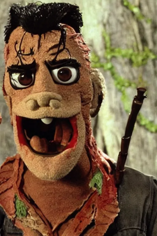 Image similar to Bruce Campbell starring in Evil Dead 2 Muppets movie