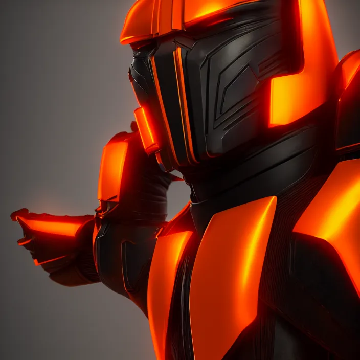 Image similar to a vertical portrait of a character in a futuristic room, black and orange armor, highly detailed, render, vray, octane, realistic lighting