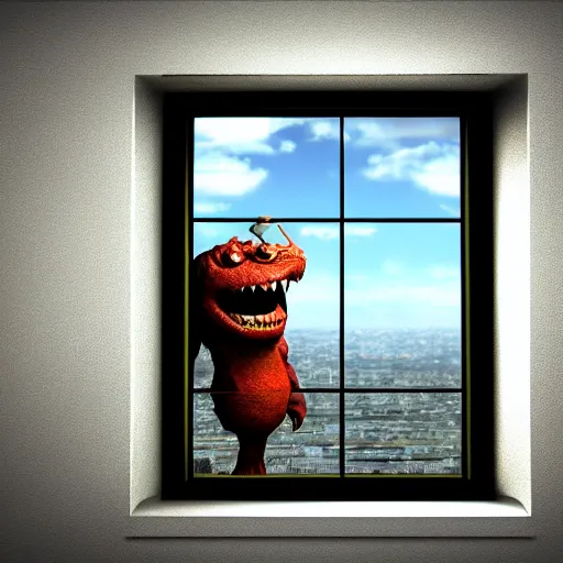 Image similar to photography, 3 d render, monster, window