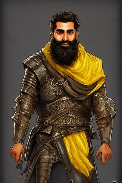 Image similar to Arab man light beard, curly hair, knight, hero, leather , yellow and charcoal, character concept art, costume design, trending on artstation, Artgerm , WLOP