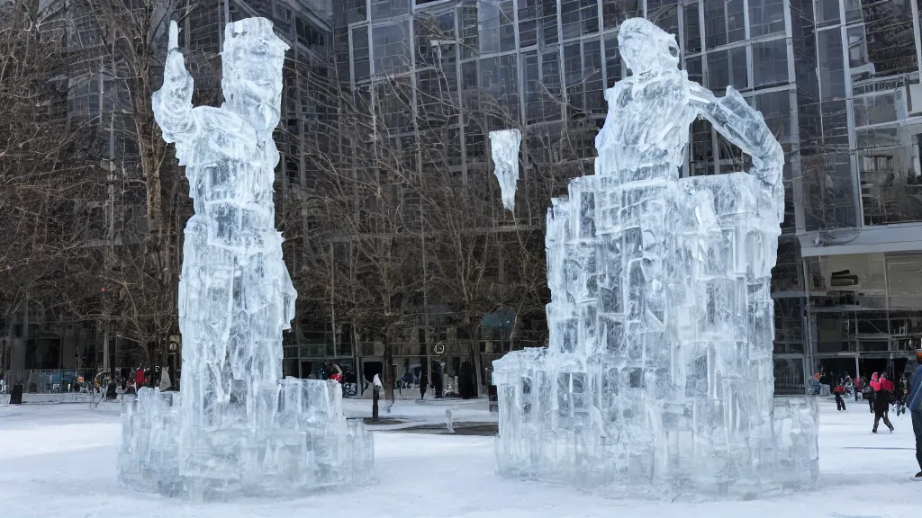 Prompt: a highly detailed sculpture of a super hero made of ice, people are ice skating around it, ice rinks, elegant.