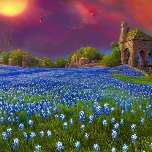 Image similar to a beautiful and detailed picture of gateway to the underworld surrounded by a field of bluebonnets, in the style of magic the gathering, highly detailed, digital painting, ominous sunset, volumetric lighting, octane render, 4 k resolution, art by adam paquette and johann bodin and jason rainville