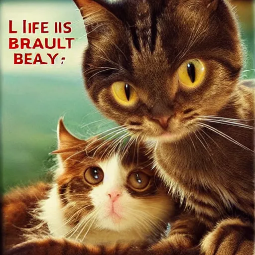 Image similar to “life is beautiful” inspirational poster with caterpillars and cats