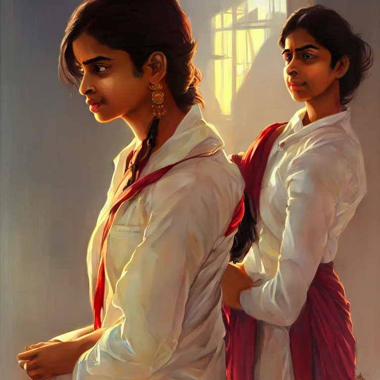 Image similar to Anxious pretty young Indian doctor in modern clothes waiting at the airport, portrait, sci-fi face, elegant, highly detailed, digital painting, artstation, concept art, smooth, sharp focus, illustration, art by artgerm and greg rutkowski and alphonse mucha