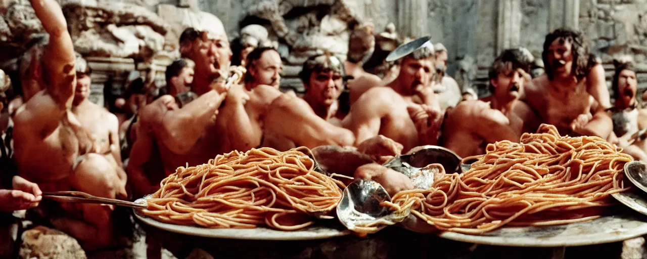 Image similar to ancient romans gladiators eating big bowl of spaghetti!!!!, architectural, minimal, canon 5 0 mm, wes anderson film, kodachrome, retro