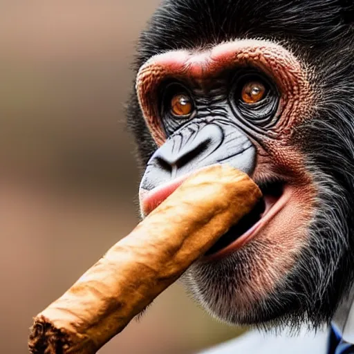 Image similar to a high detail closeup shot of a chimp wearing a suit and smoking a cigar