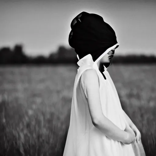 Prompt: ghost girl blindfolded in black wedding dress, hyper-realistic shot from a horror film with a very low angle of view, Leica SL2 30mm, beautiful color, high quality, high texture