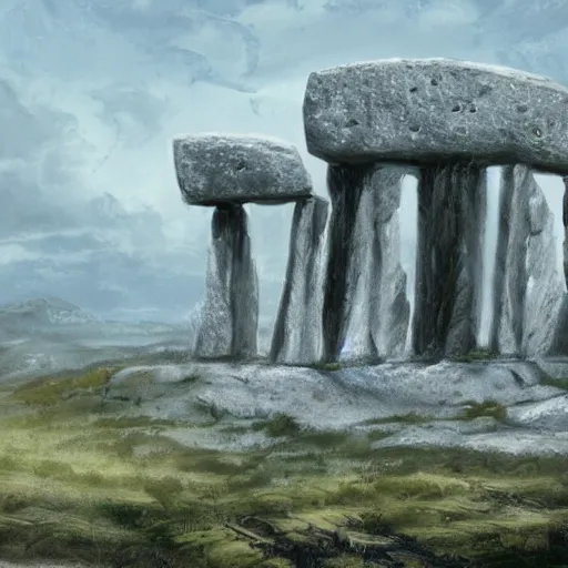 Image similar to concept art by alejandro burdisio of a small, white marble cliff in a meditereanian hill landscape, with stone henge on top