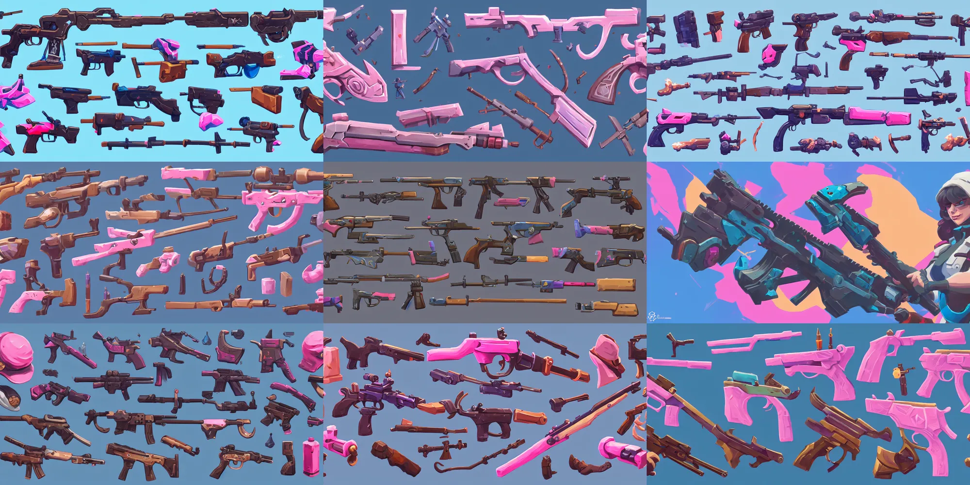 Prompt: game asset of guns, in gouache detailed paintings, props, stylized, 2 d sprites, kitbash, arcane, overwatch, blue and pink color scheme, 8 k, close up
