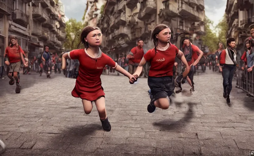 Image similar to greta thunberg running in san fermines, high details, cinematic, 8 k resolution, beautiful detailed, artstation trending, octane render, unreal engine