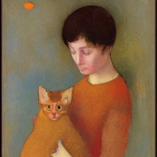 Image similar to a woman with short brown hair and her orange kitten by odilon redon