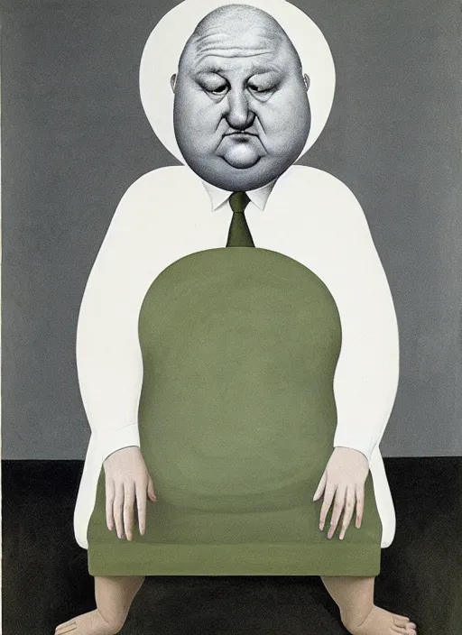 Image similar to fat man sitting on chair, sweat, fat, frustrated, art by gertrude abercrombie