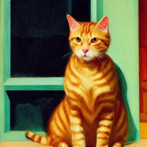 Prompt: Edward Hopper portrait of a ginger tabby cat wearing a beautiful outfit