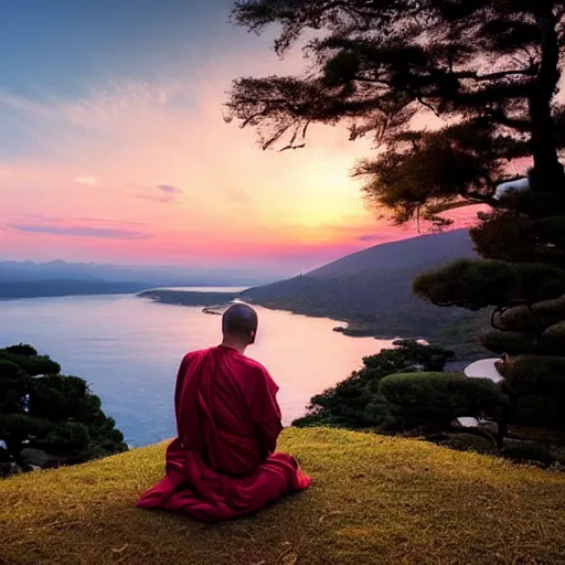 Image similar to a japanese monk sitting at the edge of a cliff, writing haiku, looking at a beautiful sunset above a lake, trees in distance