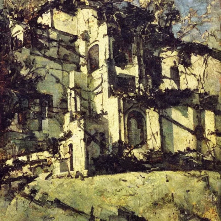 Image similar to a building in a landscape, by dean cornwell